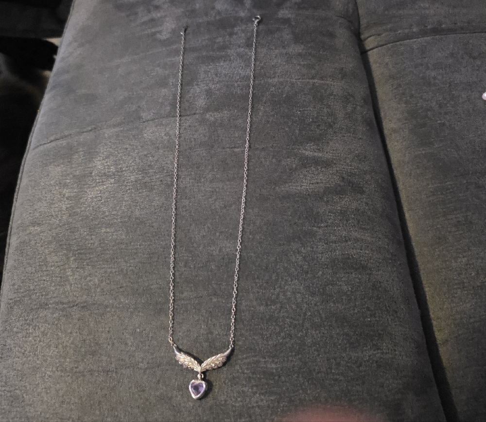 Elegant Silver Winged Amethyst Heart Necklace. - Picture 3 of 4